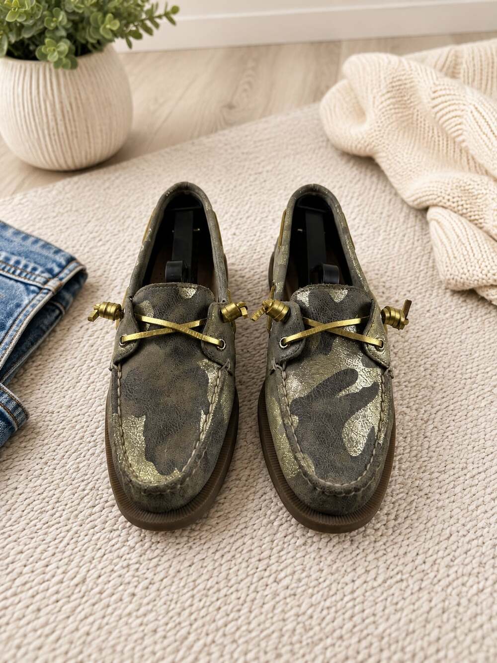 Sperry Top-Sider Gold Metallic Camo Boat Shoes Women’s Size 6.5 Leather